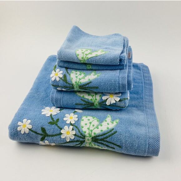 Vintage Springmaid Avanti Towel Set 5 Daisy Polka Dot Bow Blue Green Body Wash C - Picture 1 of 11